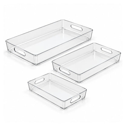 3 Piece PET Plastic Tray Set – Multi-Size Serving & Storage Trays – Clear