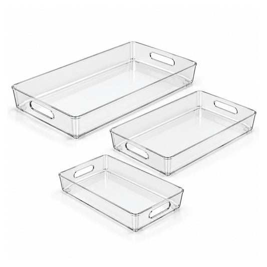 3 Piece PET Plastic Tray Set – Multi-Size Serving & Storage Trays – Clear