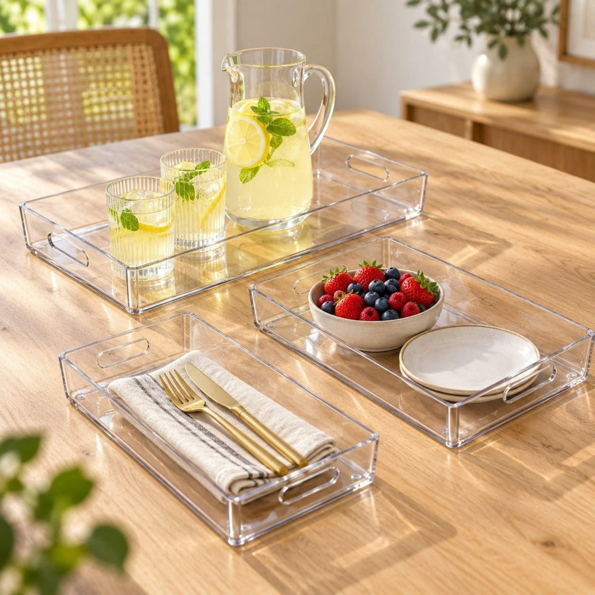3 Piece PET Plastic Tray Set – Multi-Size Serving & Storage Trays – Clear