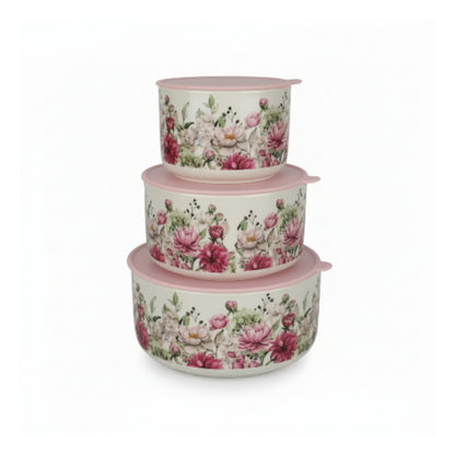 3-Piece Pink Flower Ceramic Serving Bowl Set – Decorative Multi-Purpose Kitchen & Dining Bowls