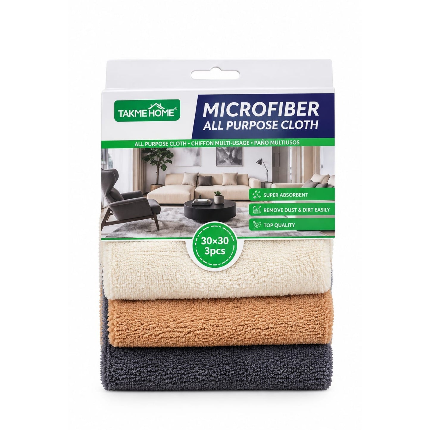 3 Piece Takmehome Ribbed Microfibre Cleaning Cloths 30x30cm – All-Purpose Cloths On White Background