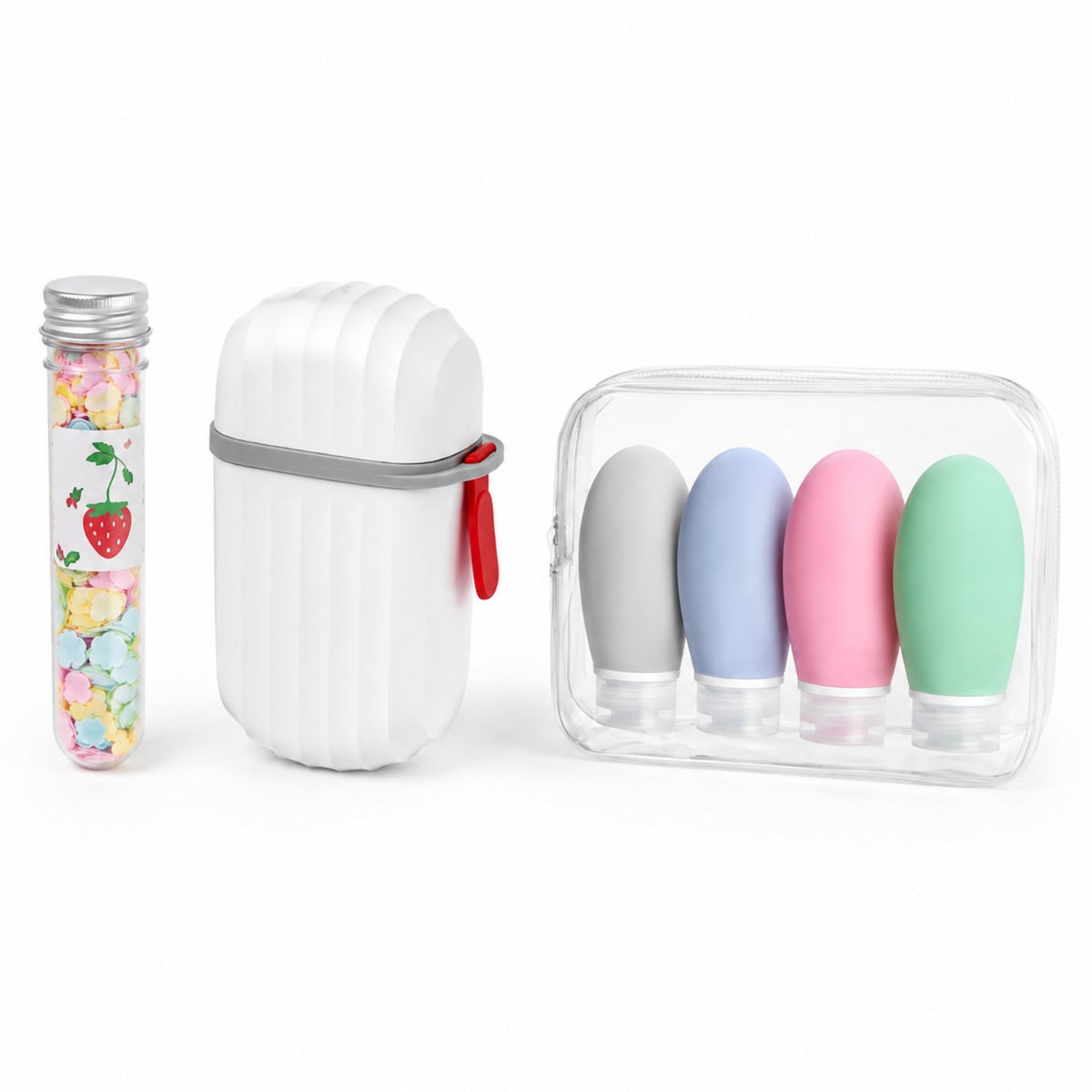 3 Piece Travel Essentials Set – Soap Flakes, Travel Soap Case & 4pc 90ml Silicone Bottle Set
