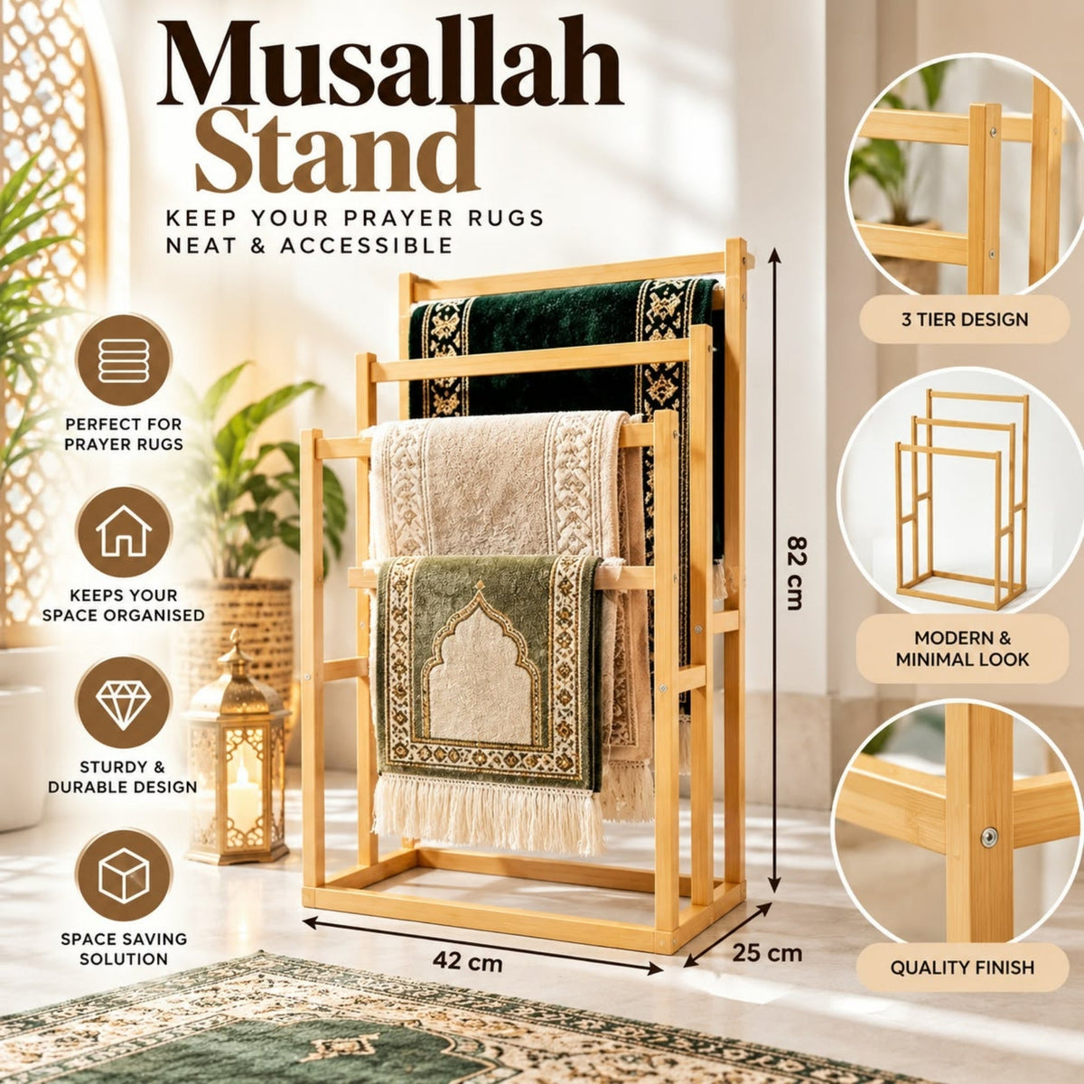 3 Tier Bamboo Musallah & Towel Stand – Freestanding Prayer Mat & Towel Storage Rack