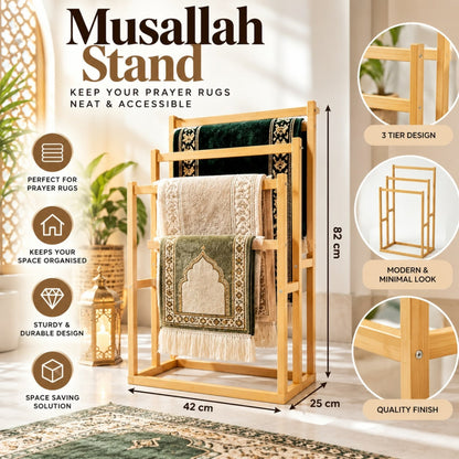 3 Tier Bamboo Musallah & Towel Stand – Freestanding Prayer Mat & Towel Storage Rack
