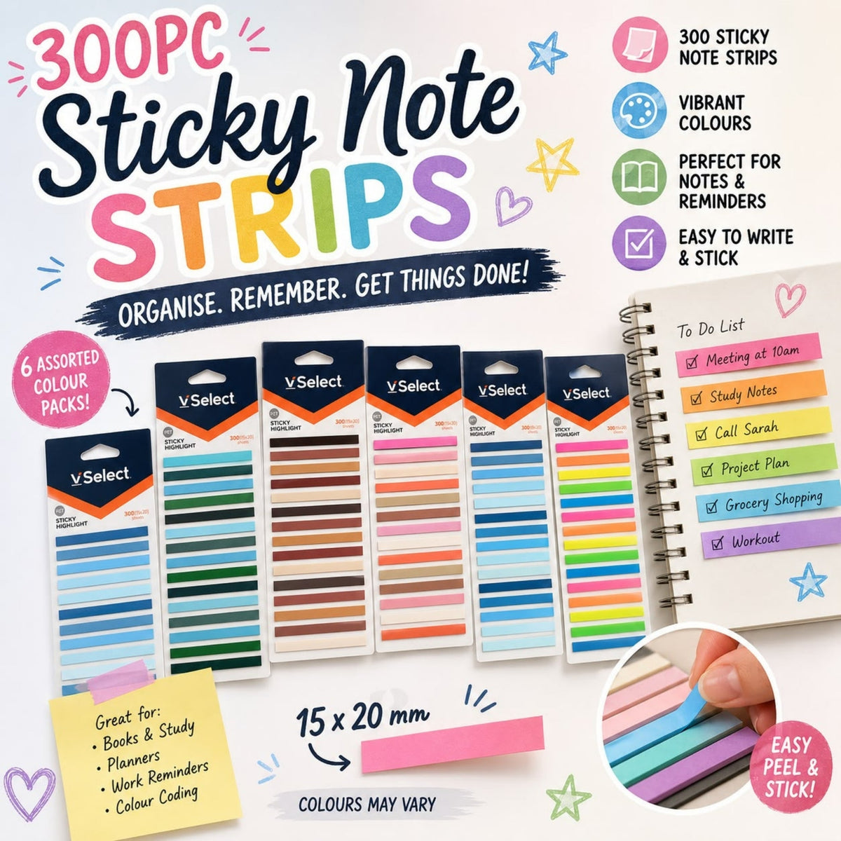 300 Piece Sticky Note Strips – Self-Adhesive Page Markers for Notes, Tabs & Colour Coding – Assorted Colours