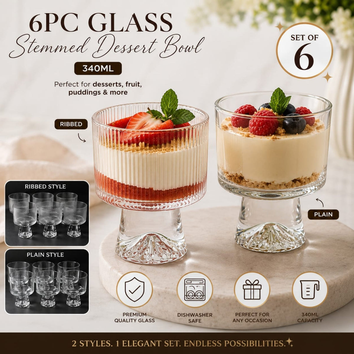 340ml 6 Piece Glass Stemmed Dessert Bowl Set – Elegant Serving Bowls for Ice Cream & Desserts