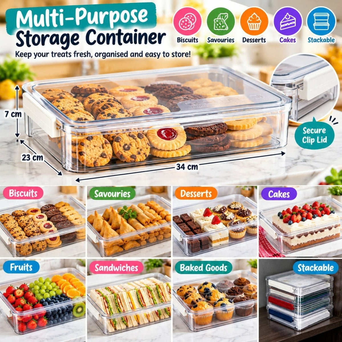 34×23×7cm Plastic PET Container – Clip-Lock Lid For Food & Dessert Storage – Clear Design