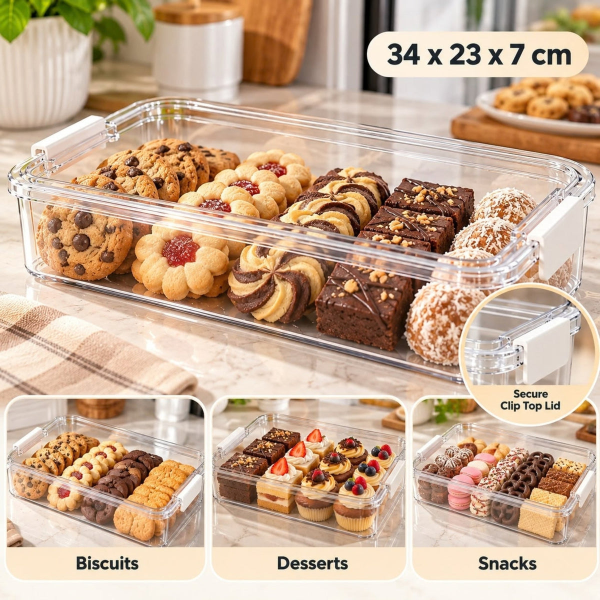 34×23×7cm Plastic PET Container – Clip-Lock Lid For Food & Dessert Storage – Clear Design