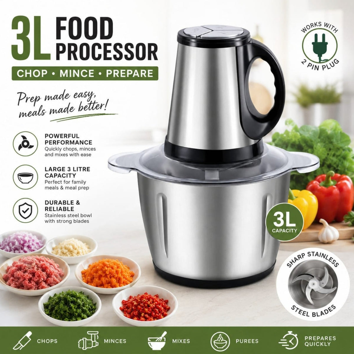 3L Takmehome Food Processor – Stainless Steel Bowl with Large Capacity
