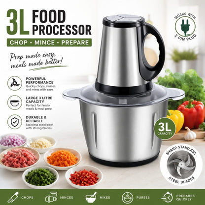 3L Takmehome Food Processor – Stainless Steel Bowl with Large Capacity