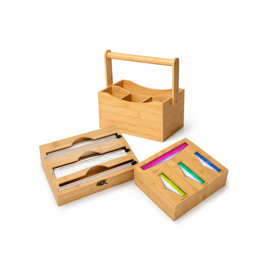 3pc Bamboo Kitchen Organisation Essentials – Utensil, Wrap & Food Bag Storage