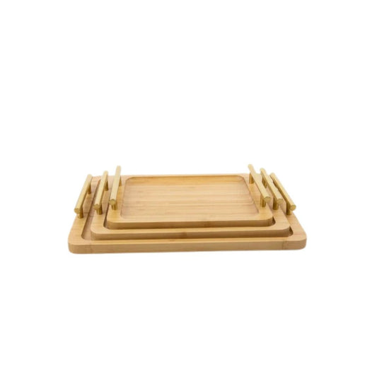 3pc Bamboo Tray With Gold Handle