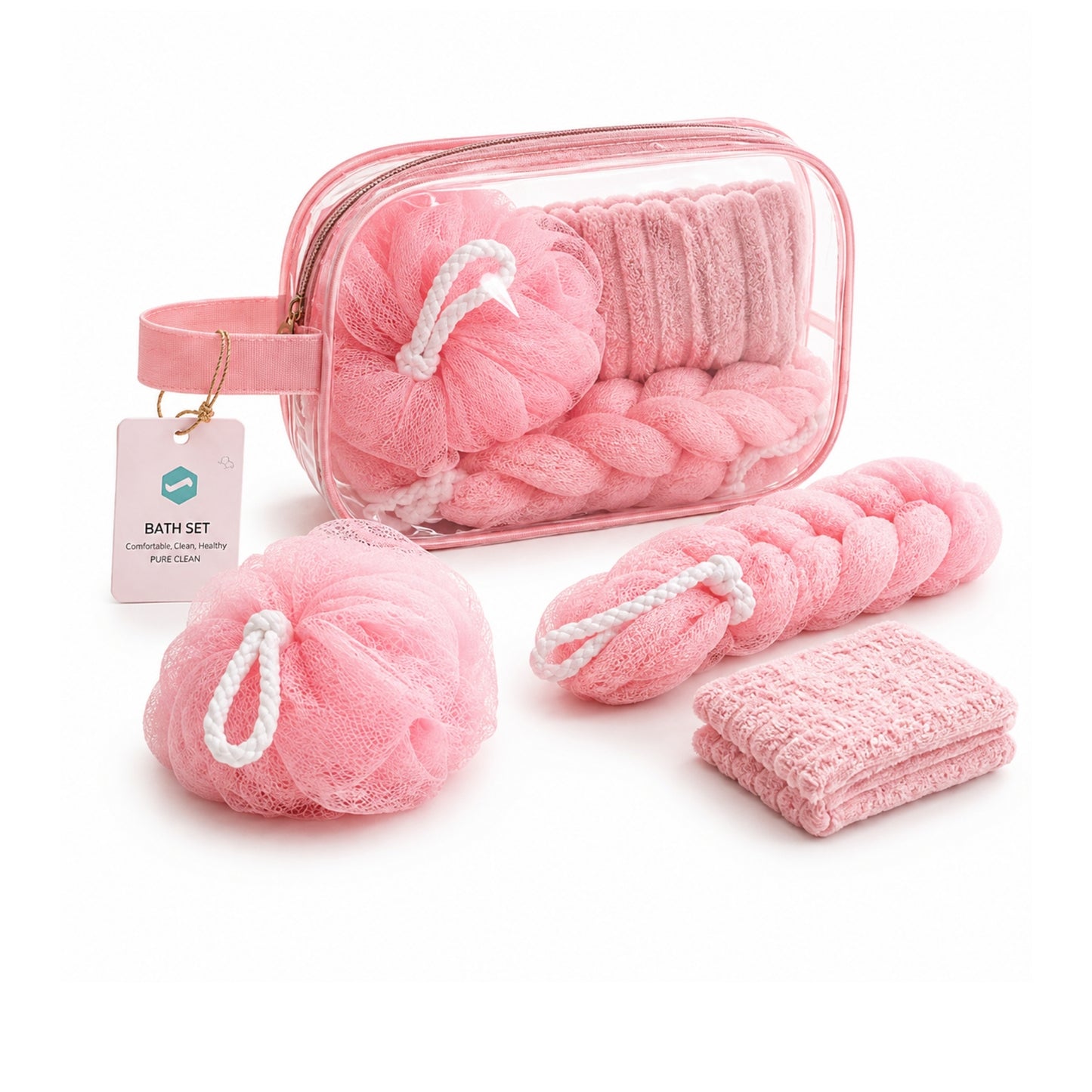 3 Piece Bath Set with Travel Bag – Microfiber Face Cloth, Ball Loofah & Long Loofah for Bathing, Body Cleansing & Exfoliation Pink On  White Background