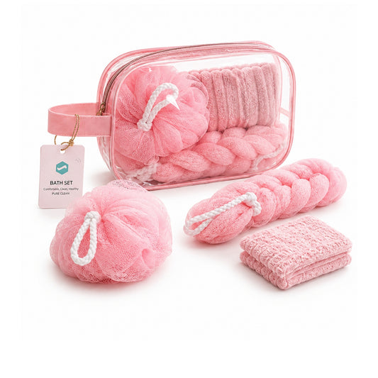 3 Piece Bath Set with Travel Bag – Microfiber Face Cloth, Ball Loofah & Long Loofah for Bathing, Body Cleansing & Exfoliation Pink On  White Background