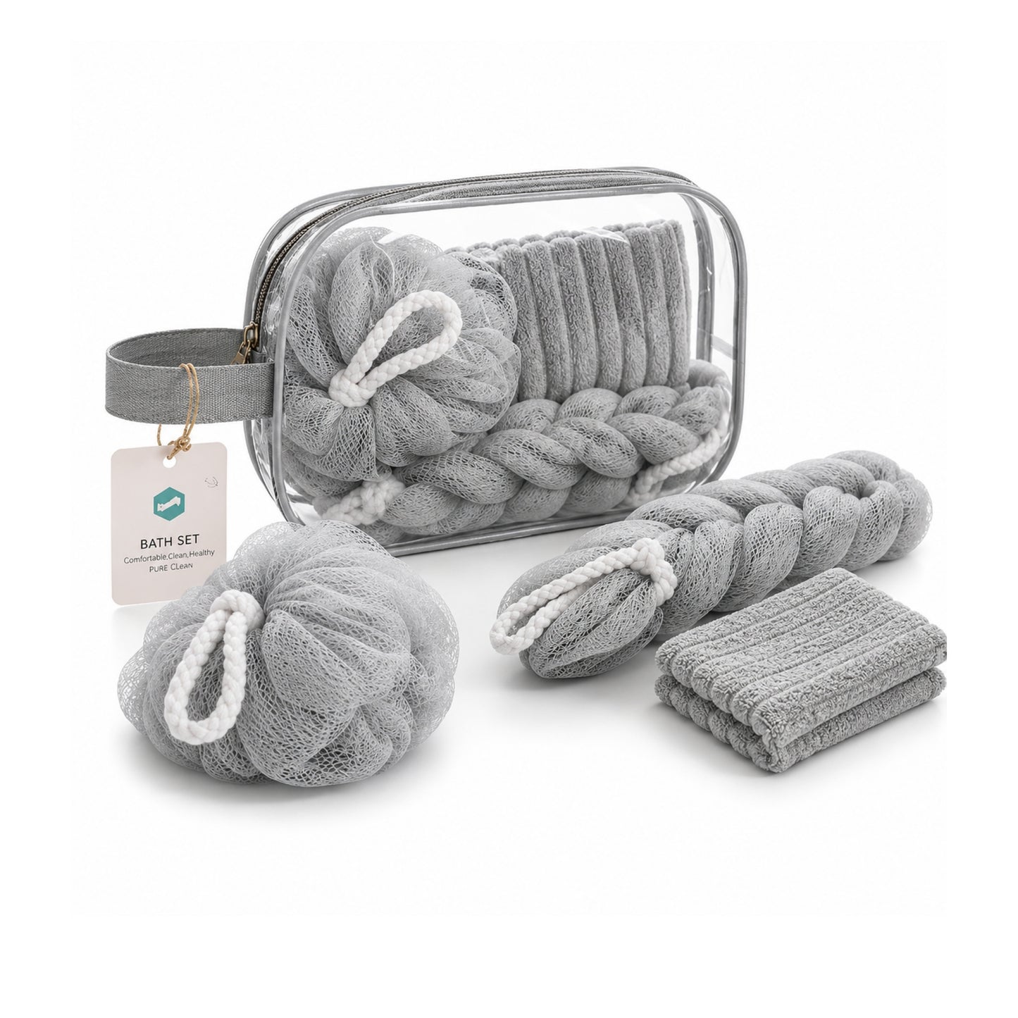 3 Piece Bath Set with Travel Bag – Microfiber Face Cloth, Ball Loofah & Long Loofah for Bathing, Body Cleansing & Exfoliation Grey On  White Background