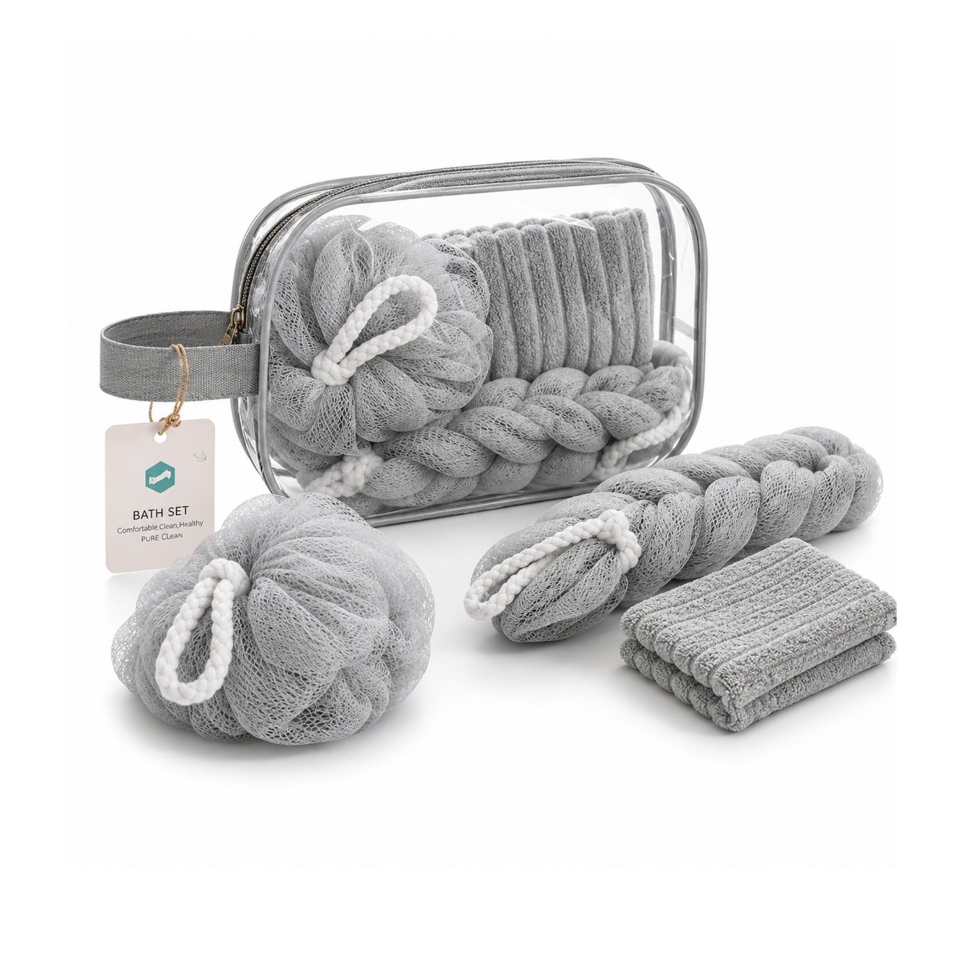 3 Piece Bath Set with Travel Bag – Microfiber Face Cloth, Ball Loofah & Long Loofah for Bathing, Body Cleansing & Exfoliation Grey On  White Background