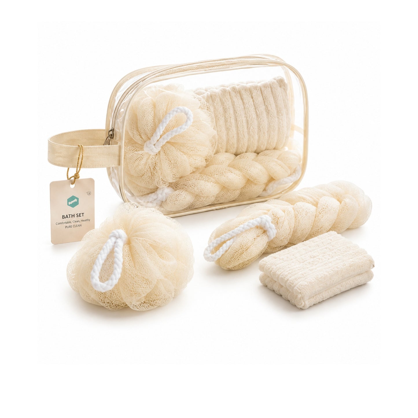 3 Piece Bath Set with Travel Bag – Microfiber Face Cloth, Ball Loofah & Long Loofah for Bathing, Body Cleansing & Exfoliation Cream On  White Background