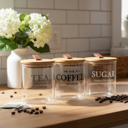 3pc Danny Home Glass Canister Set – Food Storage Jars for Kitchen, Pantry & Countertop Organisation - Black Writing