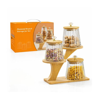 3pc Glass Jar Set on Stand 760ml – Kitchen Storage Jars with Lid for Sugar, Coffee & Snacks