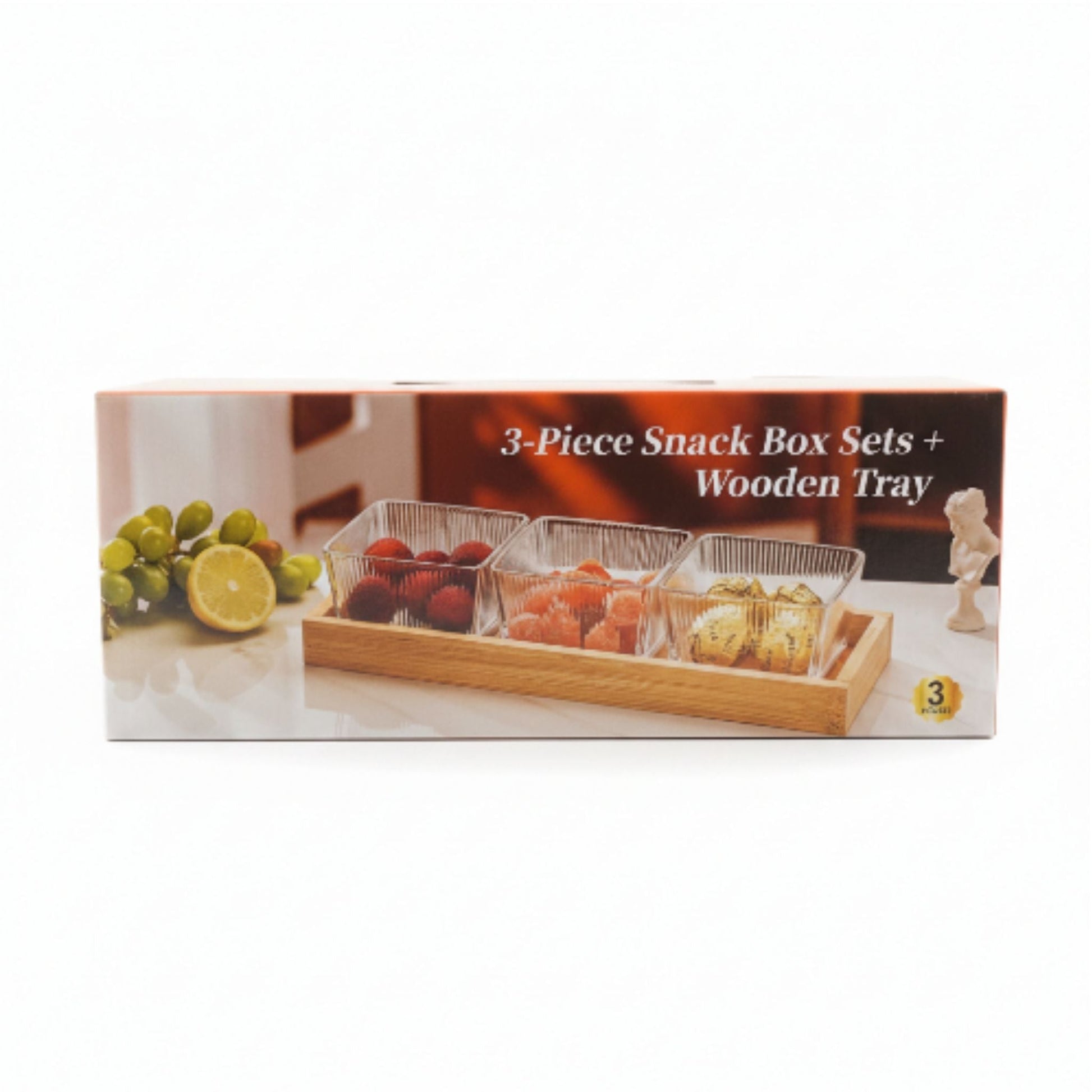 3pc Glass Snack Bowls With Lid On Wooden Tray - 250ml