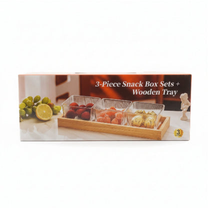 3pc Glass Snack Bowls With Lid On Wooden Tray - 250ml