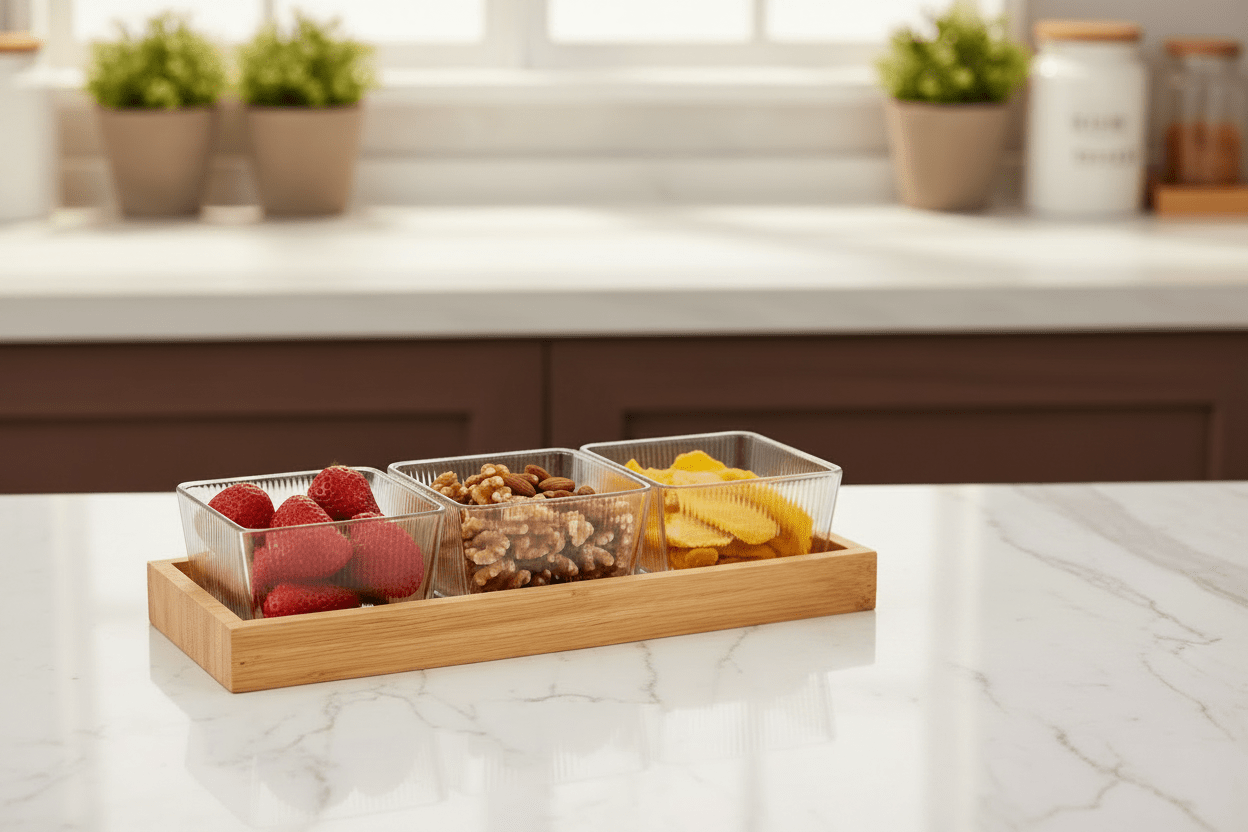 3pc Glass Snack Bowls With Lid On Wooden Tray - 250ml