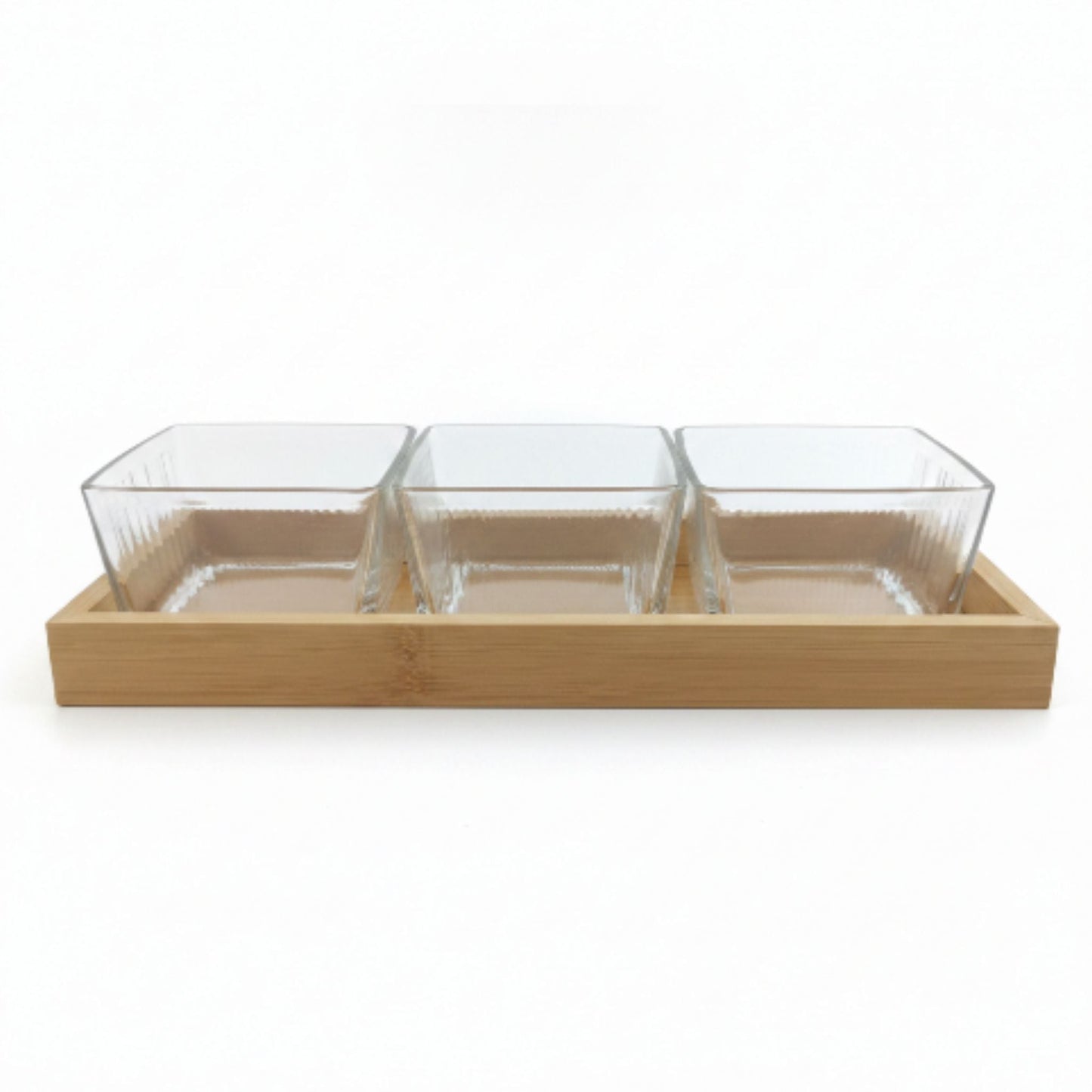 3pc Glass Snack Bowls With Lid On Wooden Tray - 250ml