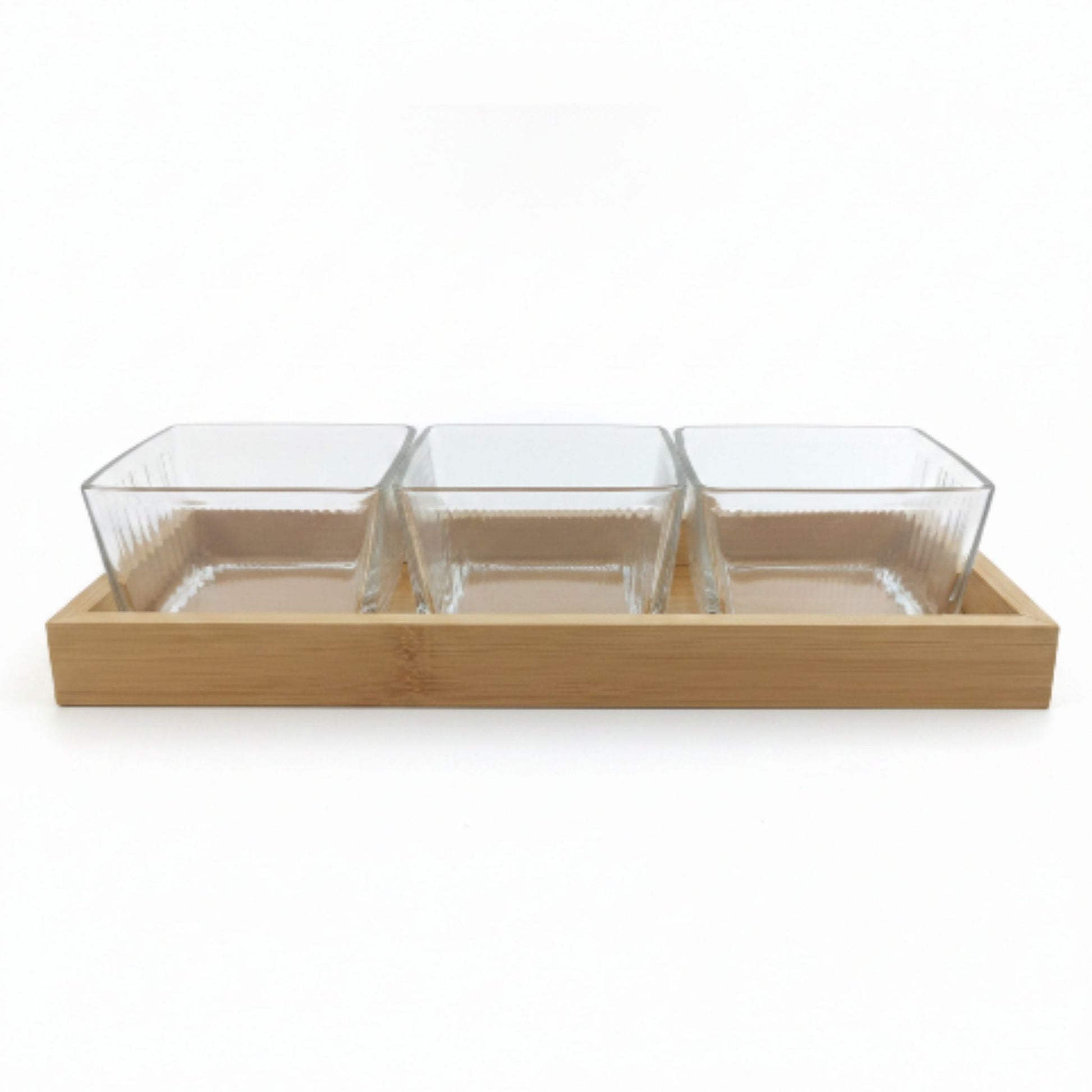 3pc Glass Snack Bowls With Lid On Wooden Tray - 250ml