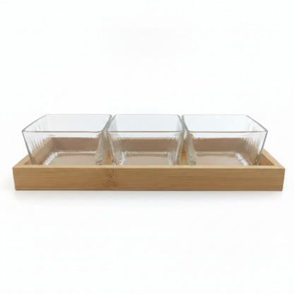3pc Glass Snack Bowls With Lid On Wooden Tray - 250ml