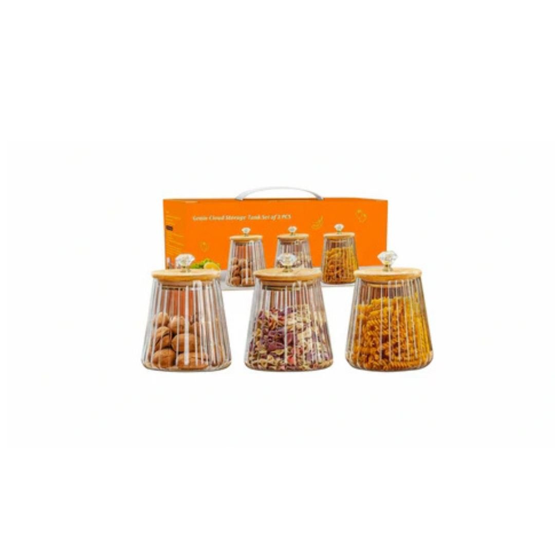 3pc Round Glass Jar With Bamboo Lid 850ml