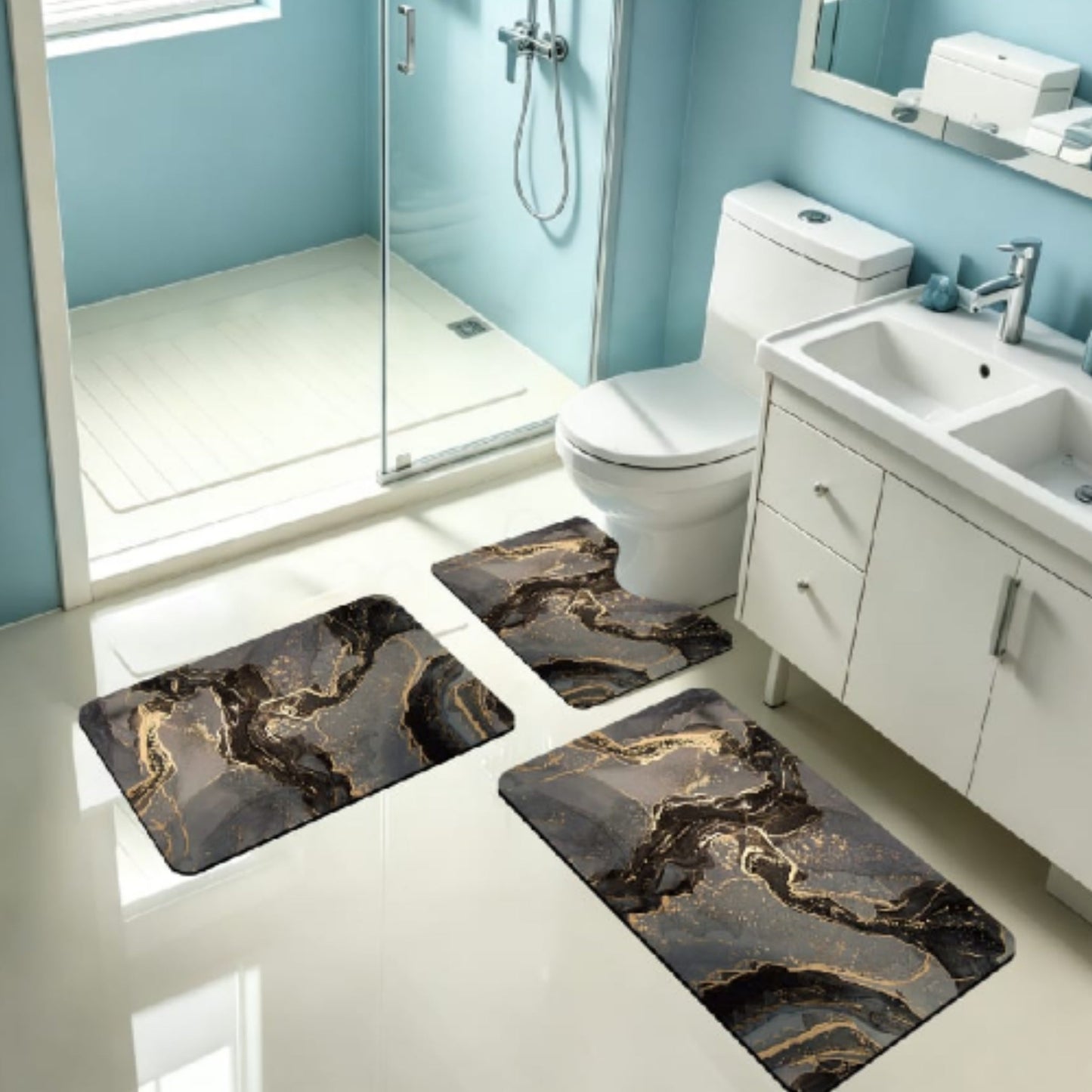 3pc Rubber Bathroom Mat - Black Marble