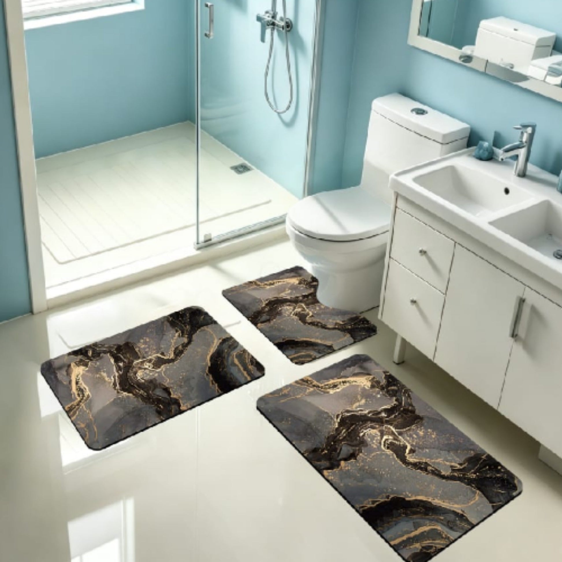 3pc Rubber Bathroom Mat - Black Marble