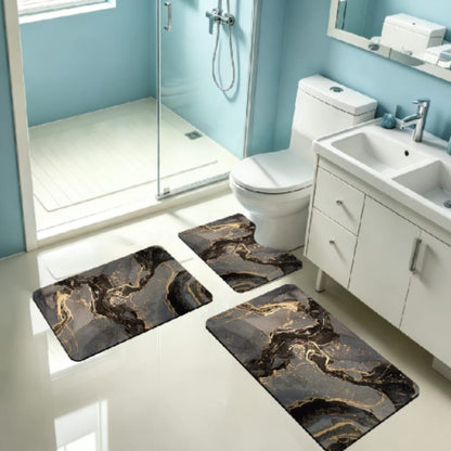 3pc Rubber Bathroom Mat - Black Marble