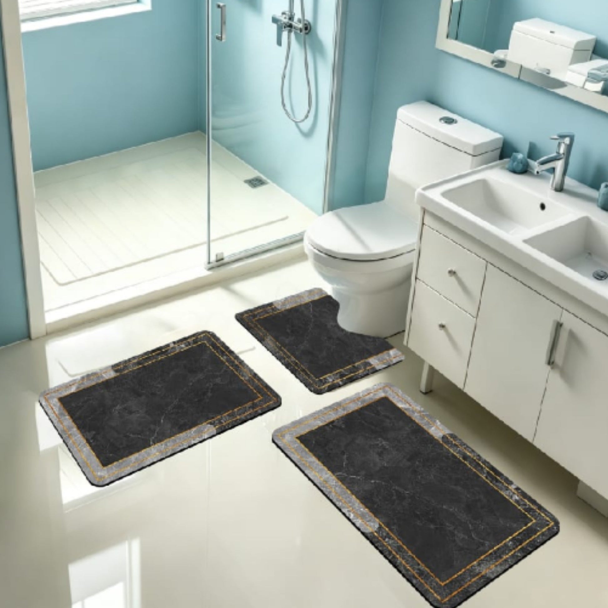 3pc Rubber Bathroom Mat - Black Marble Border