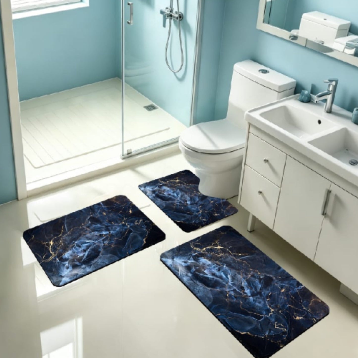 3pc Rubber Bathroom Mat - Navy Marble