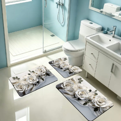 3pc Rubber Bathroom Mat - White Rose