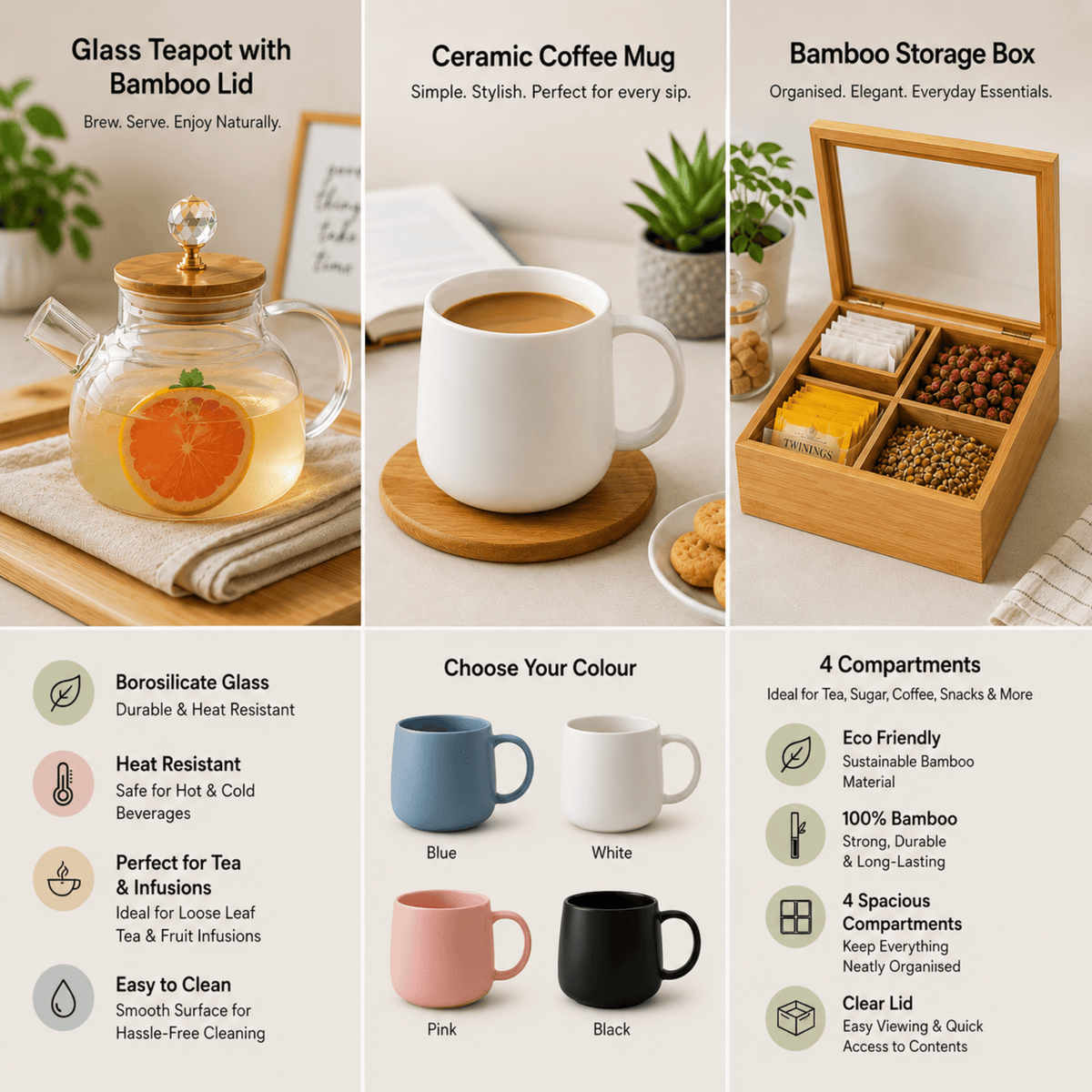 3pc Tea Time Essentials – Wooden Storage Box, Aspen Mug & 1L Clear Glass Teapot