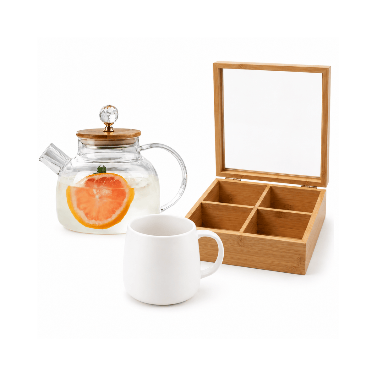 3pc Tea Time Essentials – Wooden Storage Box, Aspen Mug & 1L Clear Glass Teapot