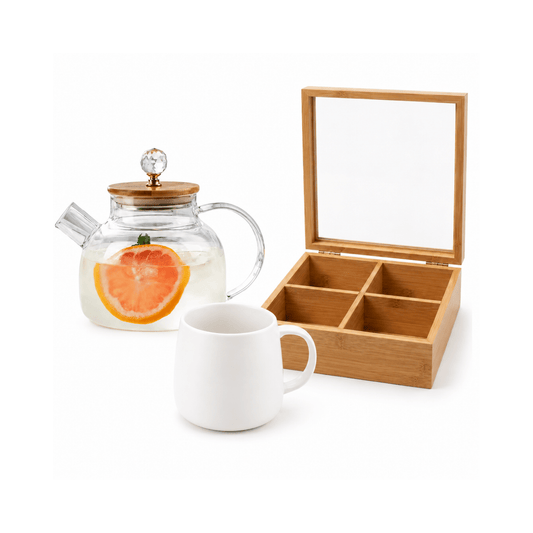 3pc Tea Time Essentials – Wooden Storage Box, Aspen Mug & 1L Clear Glass Teapot