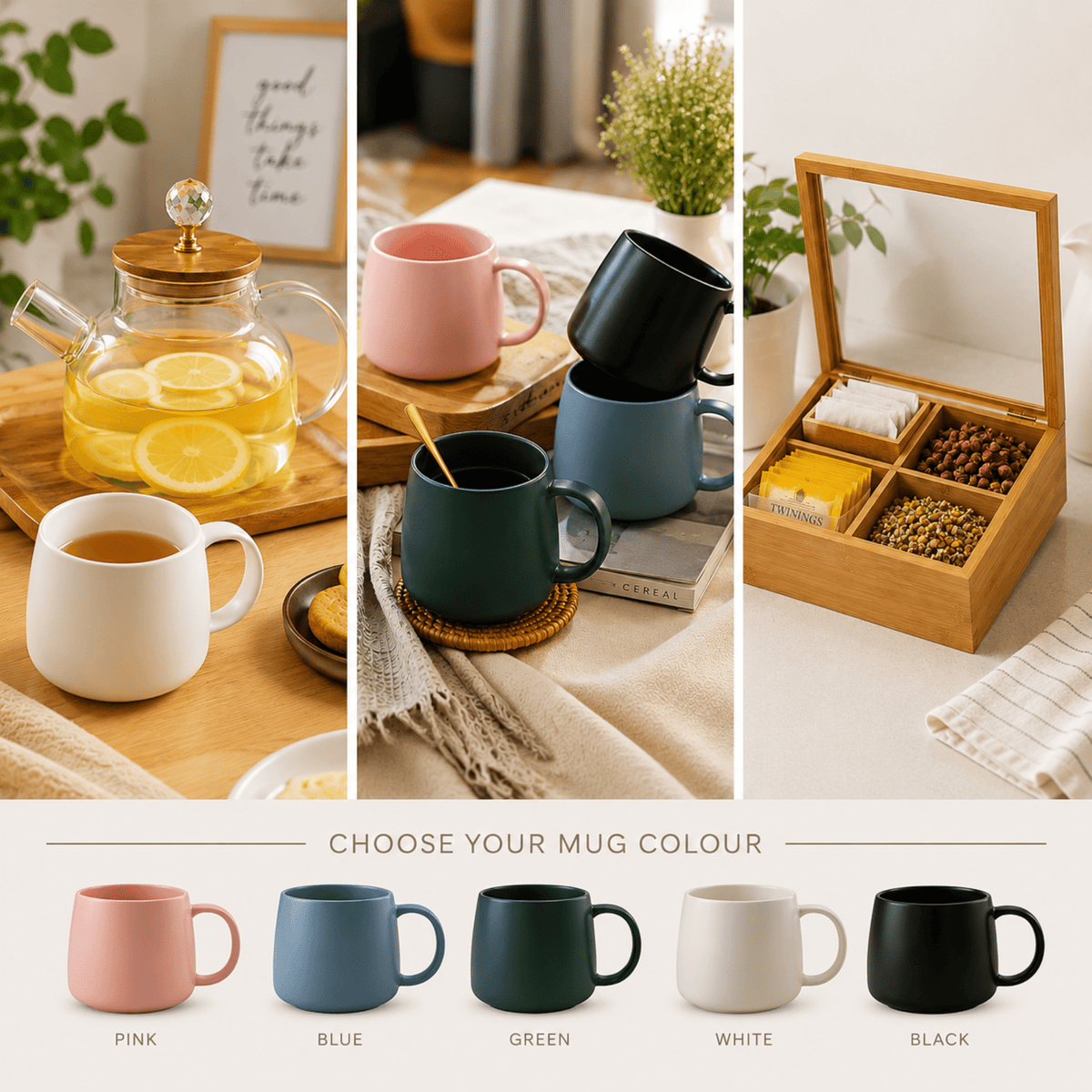 3pc Tea Time Essentials – Wooden Storage Box, Aspen Mug & 1L Clear Glass Teapot