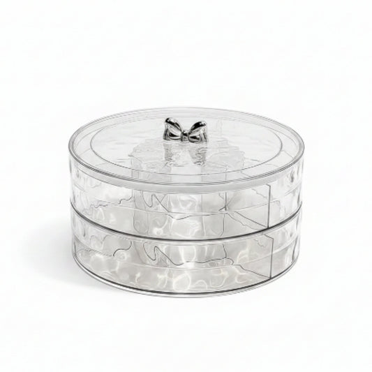 4-Compartment Round Acrylic Snack Box - Double Layer Serving Tray with Lid