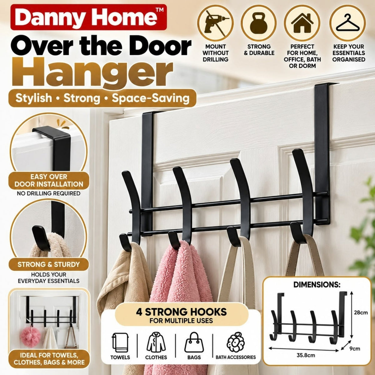 4 Hook Danny Home Over-the-Door Hanger – No-Drill Hanging Storage Organizer