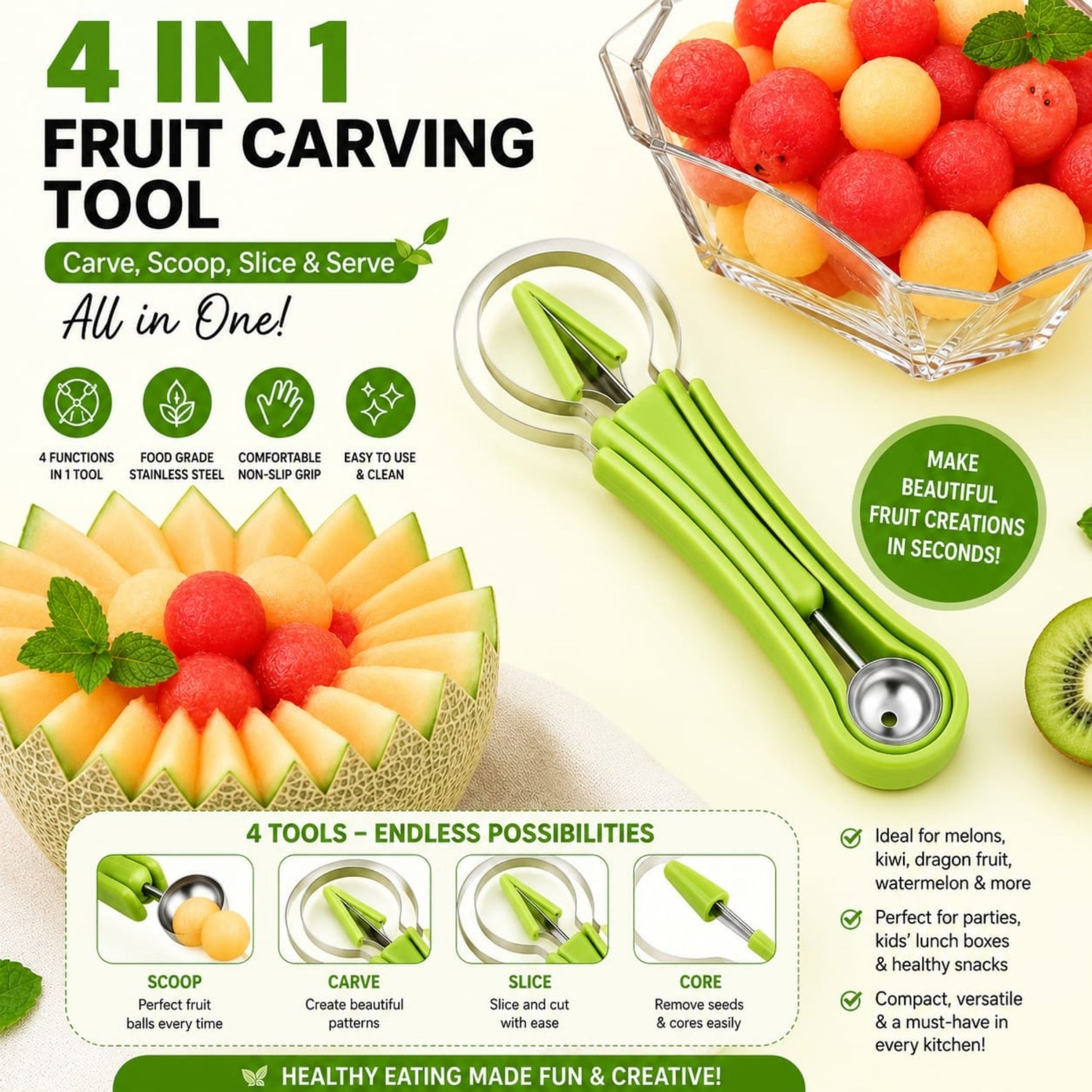 4-in-1 Stainless Steel Fruit Carving Tool – Fruit Cutter & Garnishing Knife - Green