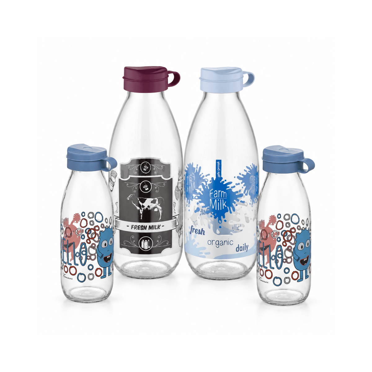 4 Piece Bager Glass Milk Bottle Set – 2 × 500ml & 2 × 1L – Assorted Designs