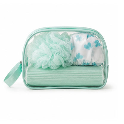 4 Piece Bath & Shower Set – Loofah, Shower Cap, Bag & Toothbrush Holder for Everyday Bathing, Showering & Personal Care