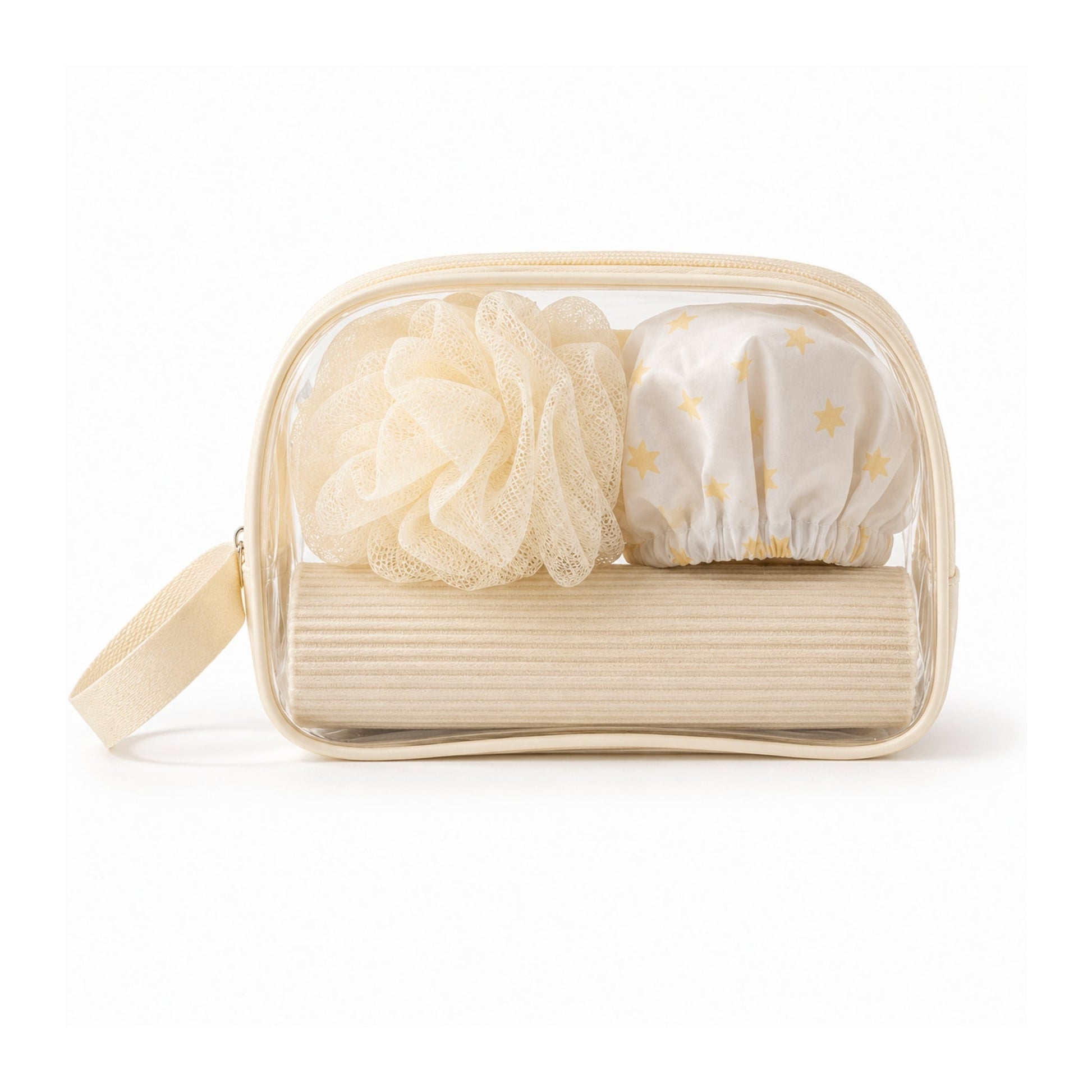4 Piece Bath & Shower Set – Loofah, Shower Cap, Bag & Toothbrush Holder for Everyday Bathing, Showering & Personal Care