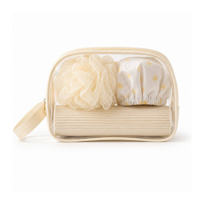 4 Piece Bath & Shower Set – Loofah, Shower Cap, Bag & Toothbrush Holder for Everyday Bathing, Showering & Personal Care