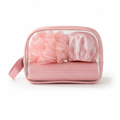 4 Piece Bath & Shower Set – Loofah, Shower Cap, Bag & Toothbrush Holder for Everyday Bathing, Showering & Personal Care