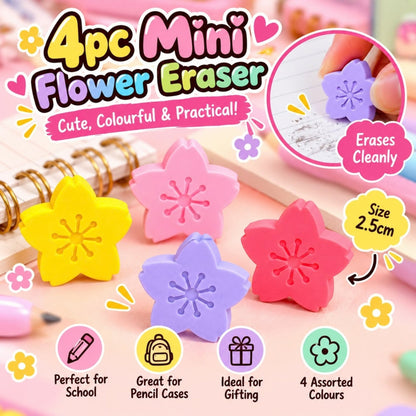 4 Piece Mini Flower Eraser Set – Cute Novelty Stationery Erasers – Flower Design