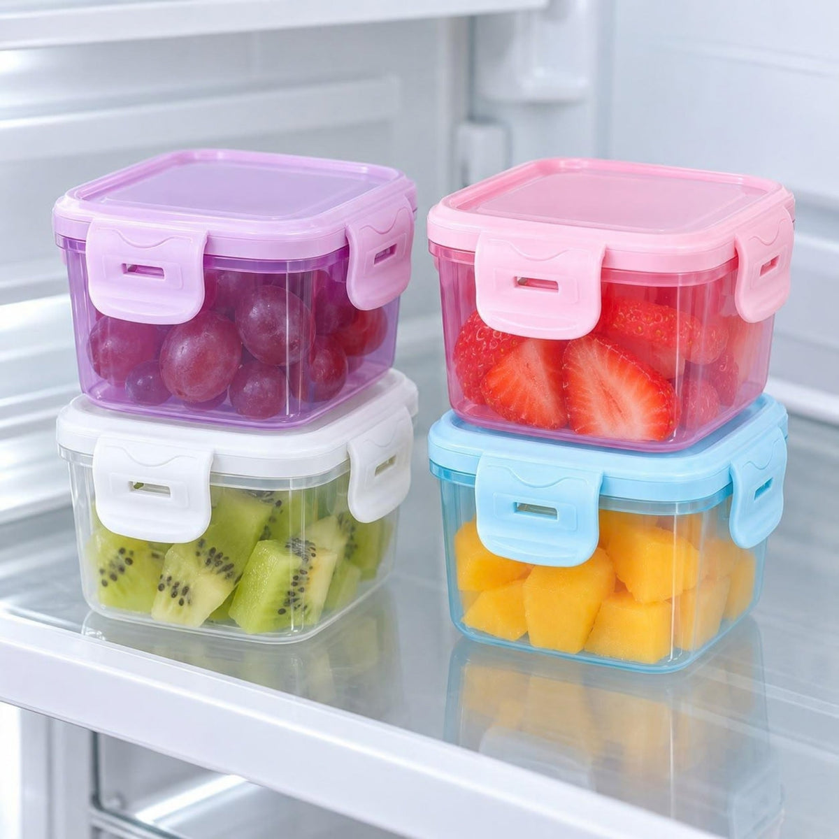 4 Piece Mini Square Plastic Containers – Clip-Lock Lids for Food Storage – Compact Stackable Design